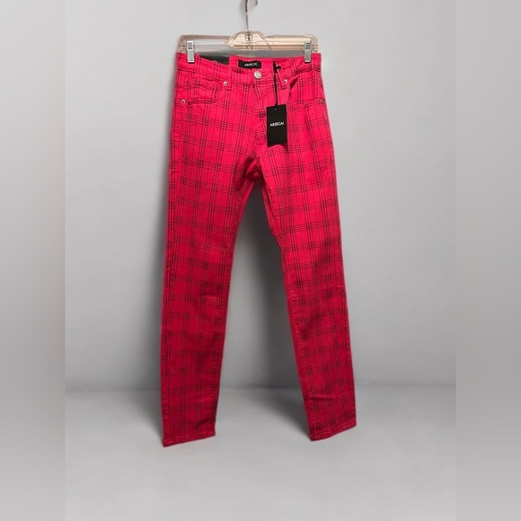 NWT Mens Skinny Slim Fit Comfy Denim Stretch Pants Pink/Black Plaid Size 30 - Picture 8 of 8